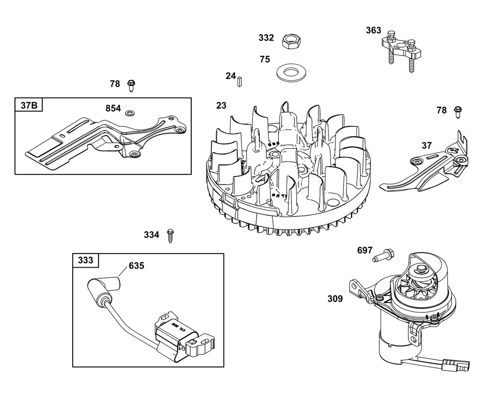 Flywheel, Ignition, And Starter Group Diagram and Parts List for 121S0B-0071-F1  Briggs and Stratton Engine